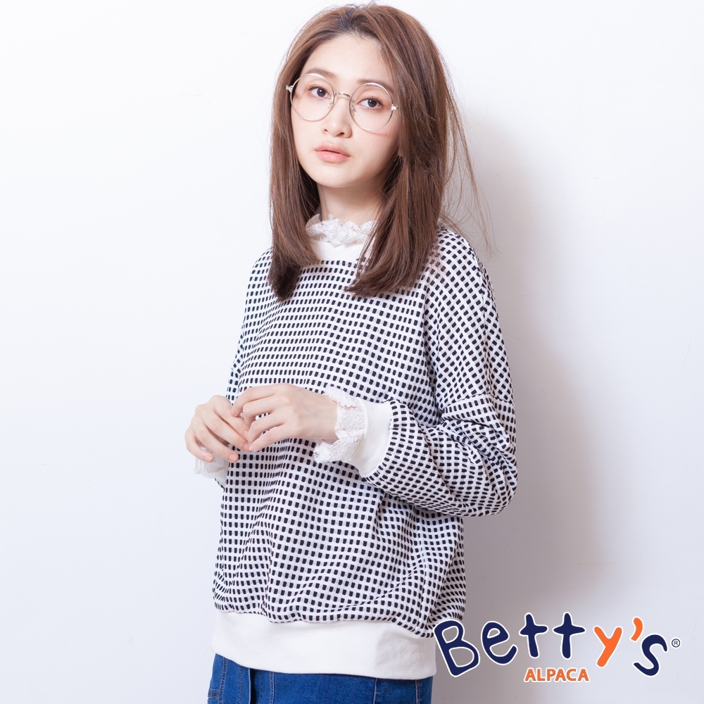 betty’s貝蒂思　羅紋拼接蕾絲格紋上衣(黑色)