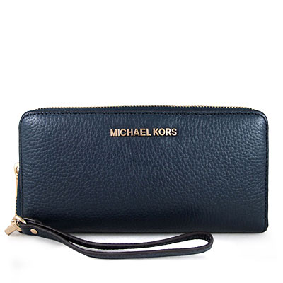 MICHAEL KORS JET SET TRAVEL金字Logo全皮革拉鍊長夾(海軍藍)