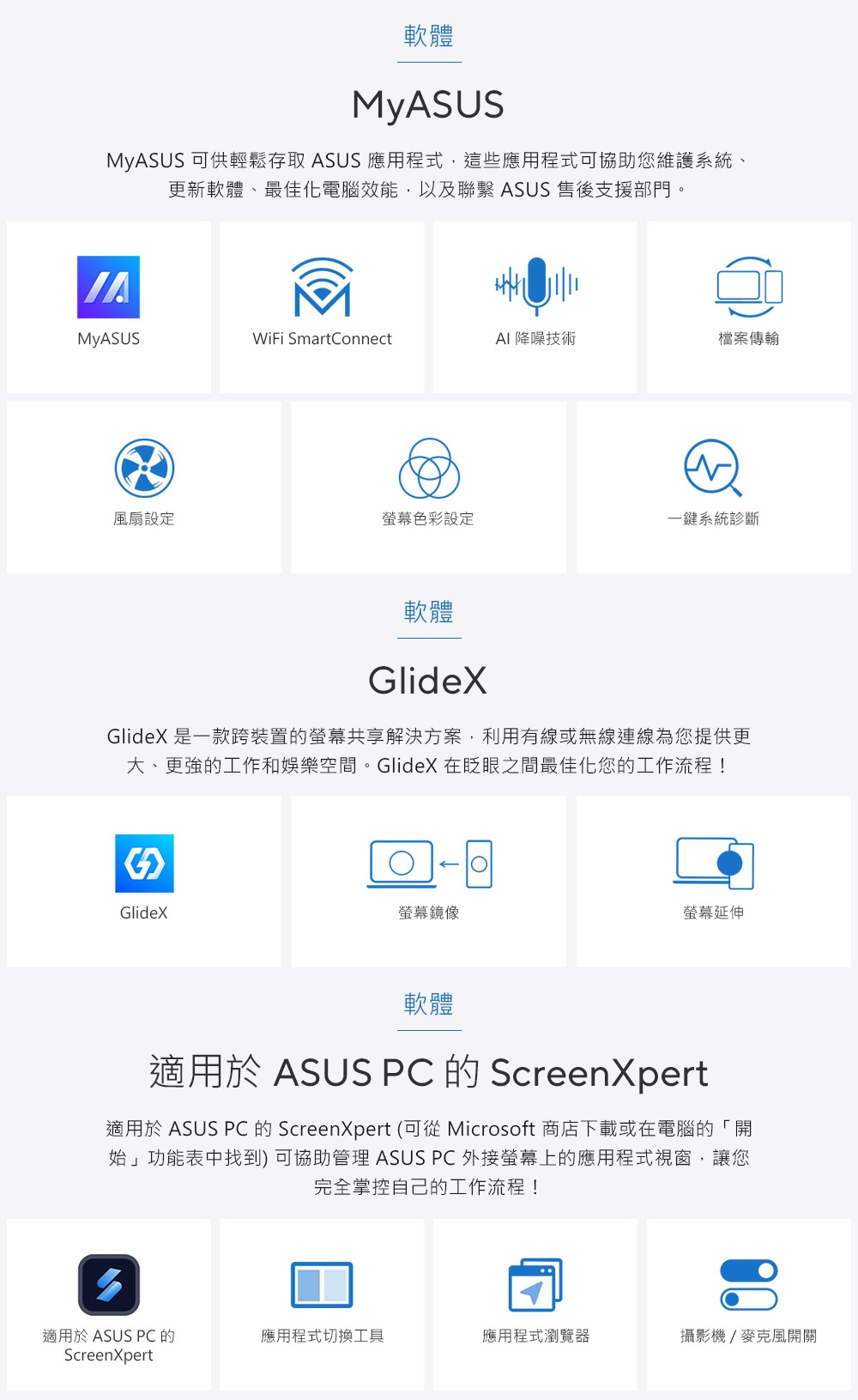 軟體MyASUSMyASUS 可供輕鬆存取 ASUS 應用程式,這些應用程式可協助您維護系統、更新軟體、最佳化電腦效能,以及聯繫 ASUS 售後支援部門。MYASUSWiFi SmartConnect 降噪技術檔案傳輸風扇設定色彩設定一鍵系統診斷軟體GlideXGlideX 是一款跨裝置的螢幕共享解決方案,利用有線或無線連線為您提供更大、更強的工作和娛樂空間。GlideX 在眨眼之間最佳化您的工作流程!GlideX螢幕鏡像螢幕延伸軟體適用於 ASUS PC 的 ScreenXpert適用於 ASUS PC 的 ScreenXpert (可從 Microsoft 商店下載或在電腦的「開始」功能表中找到) 可協助管理 ASUS PC 外接螢幕上的應用程式視窗,讓您完全掌控自己的工作流程!適用於 ASUS PC 的ScreenXpert應用程式切換工具應用程式瀏覽器攝影機/麥克風開關