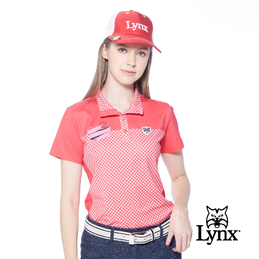 【Lynx Golf】女款吸排抗UV小菱格花紋盾型山貓繡標短袖POLO衫/高爾夫球衫-紅色