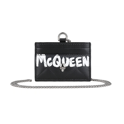 ALEXANDER McQUEEN 白字塗鴉LOGO骷髏頭設計小牛皮3卡掛繩卡片夾(黑x紅)