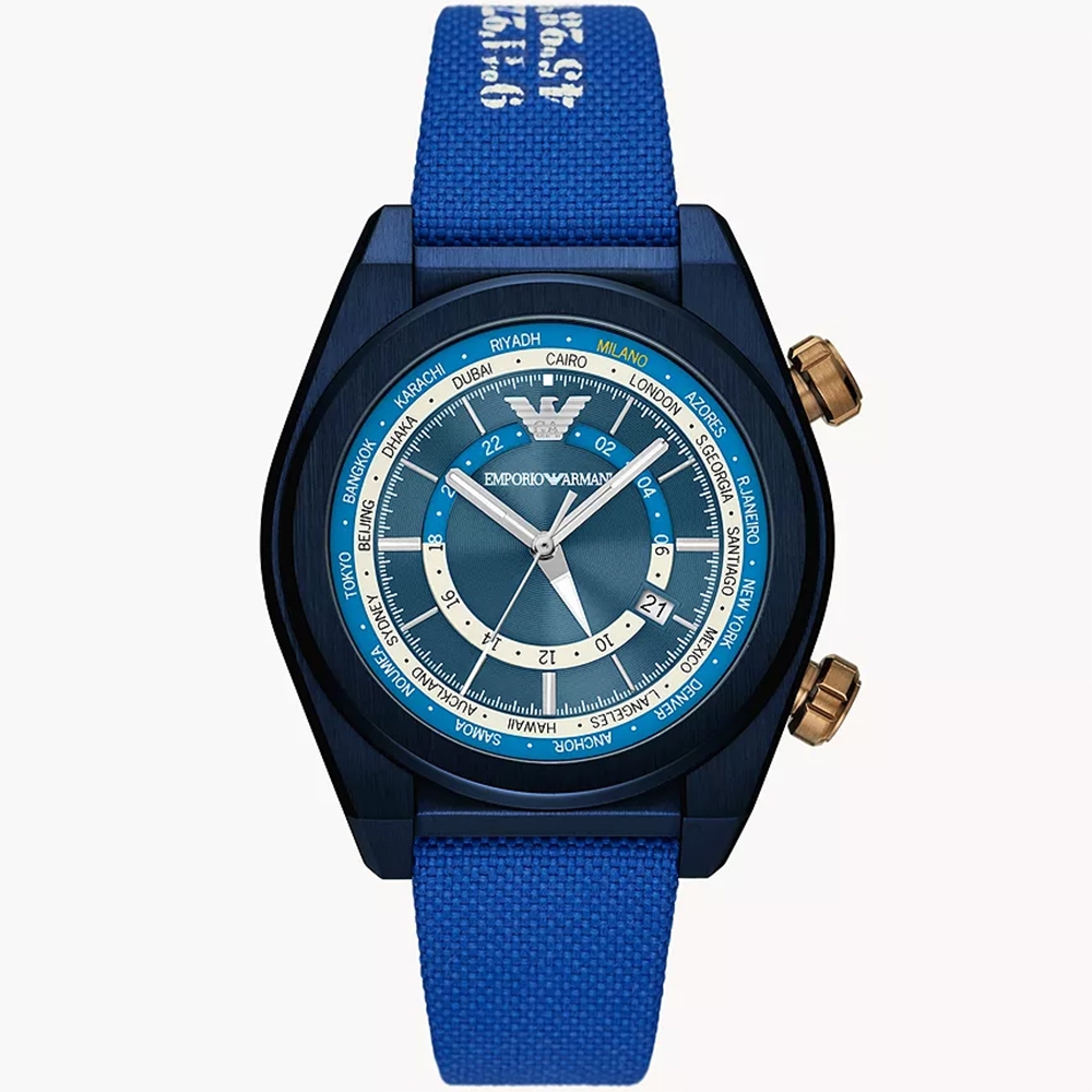 Emporio Armani 亞曼尼 雙時區蔚藍帆布手錶 送禮首選-43mm AR11564