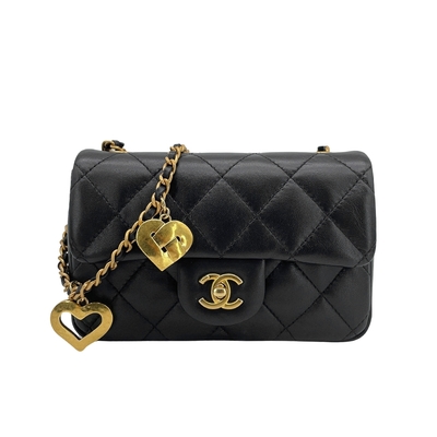 二手品 Chanel Mini Flap 菱格紋小羊皮愛心鏈帶肩背/斜背包-20cm(黑)