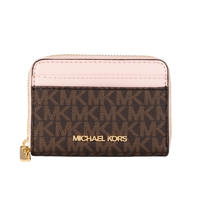 Michael Kors JET SET滿版MK拼接防刮皮革金字拉鍊卡夾零錢包(咖啡花瓣粉)