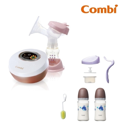 【Combi】自然吸韻電動吸乳器+寬口玻璃奶瓶240ml*2+奶瓶刷贈手動配件