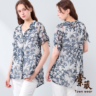 【TOWNWEAR棠葳】森林系飄逸長版襯衫(中大尺碼/女上衣/女上著/短袖/透膚/輕量/開衩/綁結)