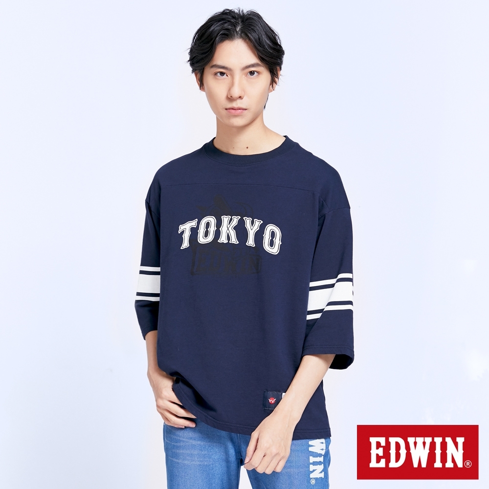 EDWIN 復古運動風厚磅 七分袖T恤-男-丈青