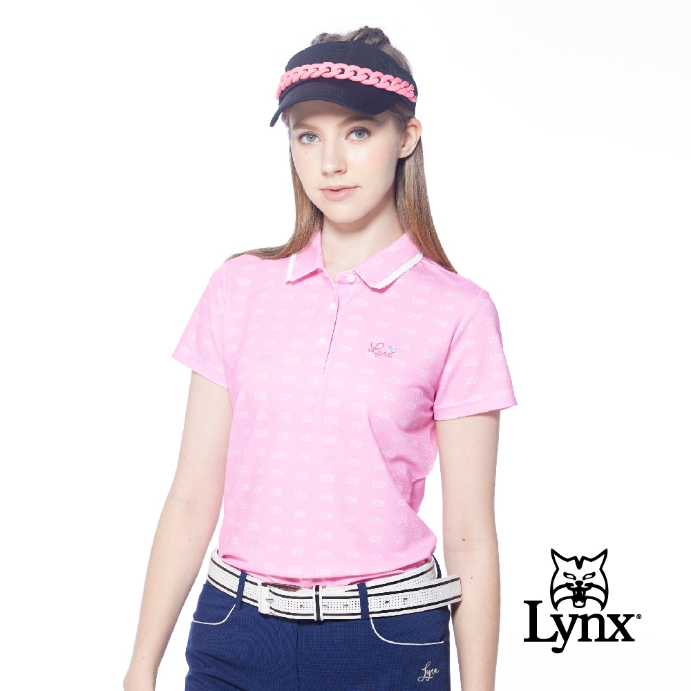 【Lynx Golf】女款吸排抗UV合身版花邊領設計滿版Lynx字樣印花短袖POLO衫/高爾夫球衫-粉紅色