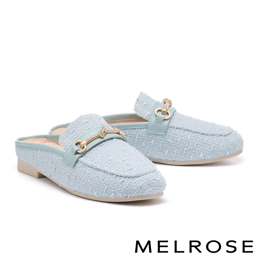 穆勒鞋 MELROSE 美樂斯 高雅品味晶鑽一字釦毛呢布穆勒低跟拖鞋－藍