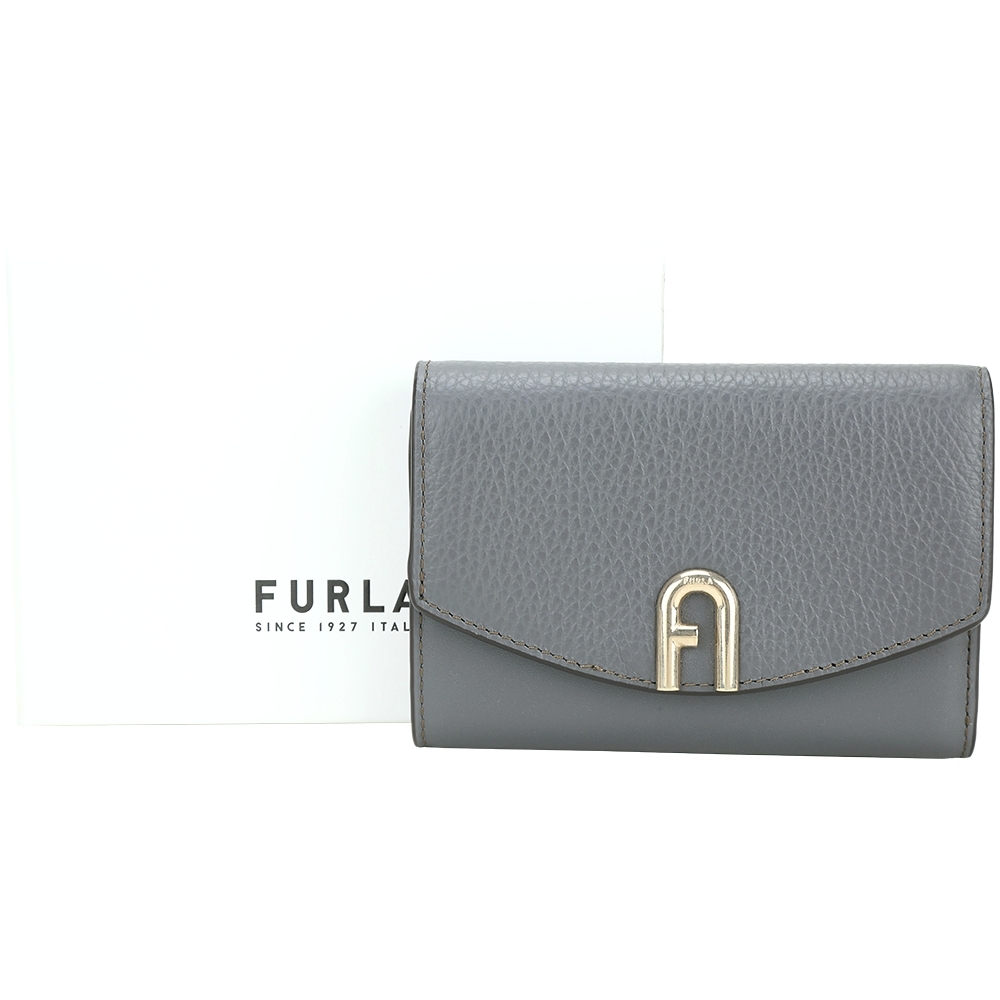 FURLA Primula 拱門標誌拼皮撞色襯裡三折釦式中夾(灰耦色)