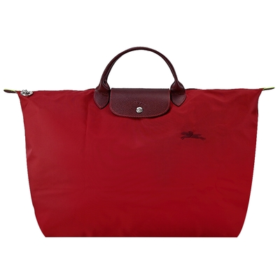 LONGCHAMP LE PLIAGE GREEN系列刺繡短把再生尼龍摺疊旅行袋(小/夕陽紅)