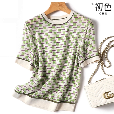 初色 休閒圓領拼接印花短袖寬鬆T恤上衣-綠色-68584(M-2XL可選)