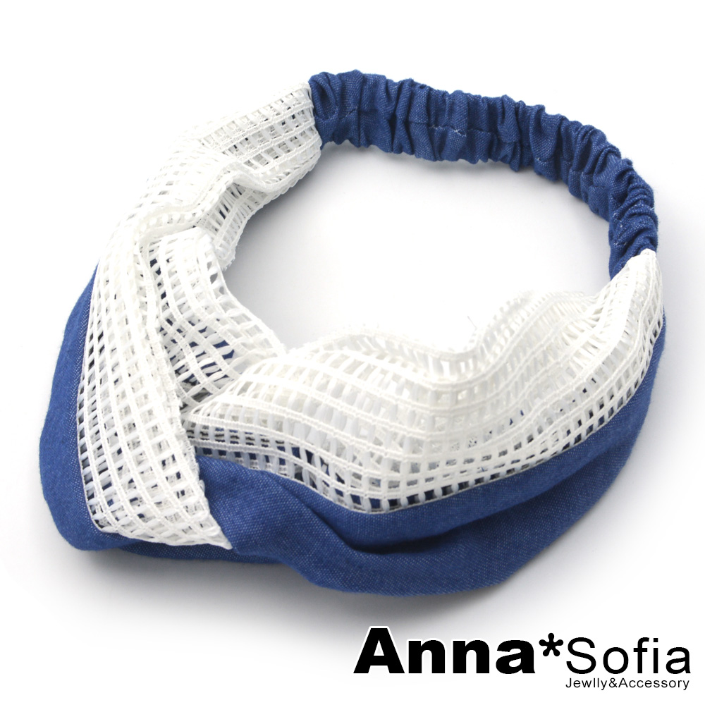 AnnaSofia 單寧拼方格網交叉結 彈性寬髮帶(藍白系)