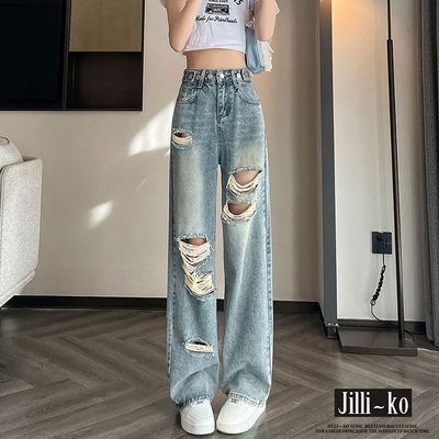 JILLI-KO 可調扣破洞高腰休閒垂感直筒拖地牛仔褲長褲- 淺藍