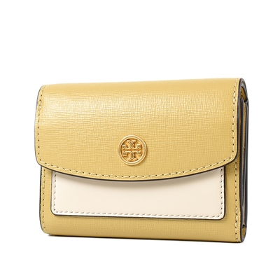 tory burch 專櫃款 拚色防刮釦式三折短夾-蜂蠟黃