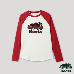 Roots 女裝- 格紋風潮系列 海狸LOGO棒球長袖T恤-紅色