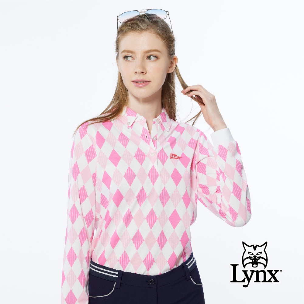 【Lynx Golf】女款吸濕排汗英倫風菱格直條印花長袖POLO衫/高爾夫球衫-粉紅色