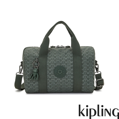 Kipling 軍綠老花格紋中型圓筒手提肩背兩用包-BINA M