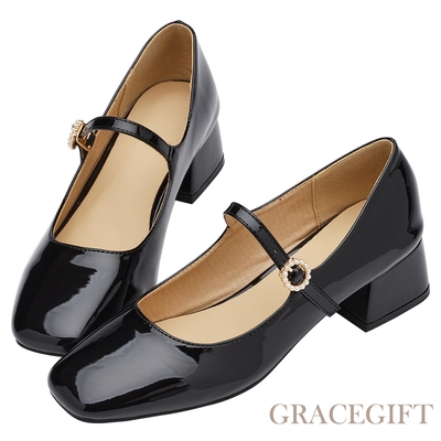 【Grace Gift】素面珍珠圓釦細帶中跟瑪莉珍鞋 黑漆
