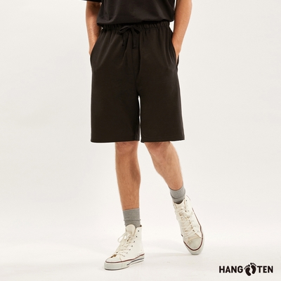 Hang Ten-男裝-RELAXED FIT純棉毛圈布鬆緊腰頭抽繩寬鬆針織短褲-黑