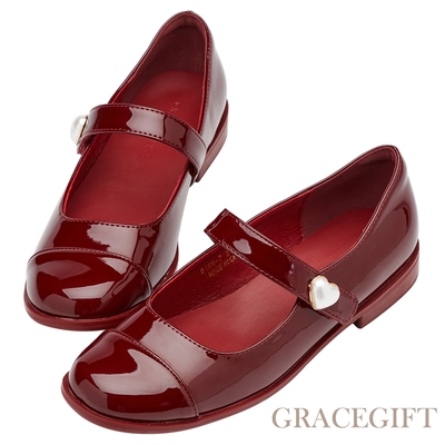 【Grace Gift】舒適珍珠愛心低跟芭蕾舞瑪莉珍鞋 紅漆