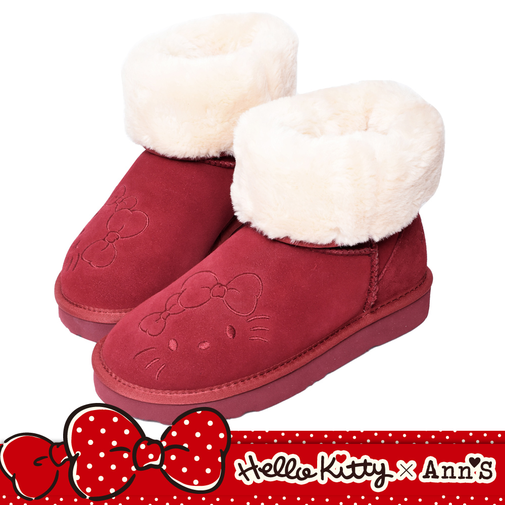 HELLO KITTY X Ann’S毛茸茸可愛靴面刺繡中筒可反摺真皮雪靴-紅 product image 1
