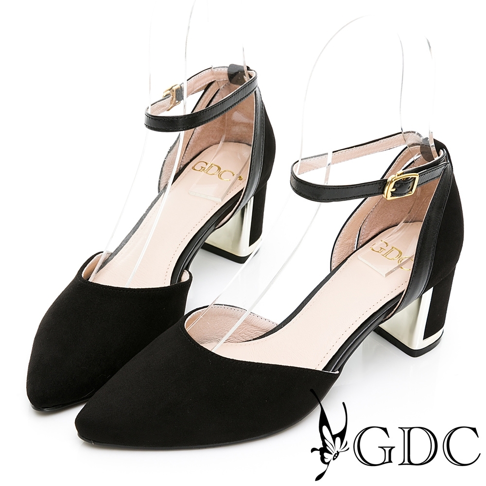 GDC-秋意感氣質名媛繞踝粗跟金屬釦環中空尖頭低跟鞋-黑色