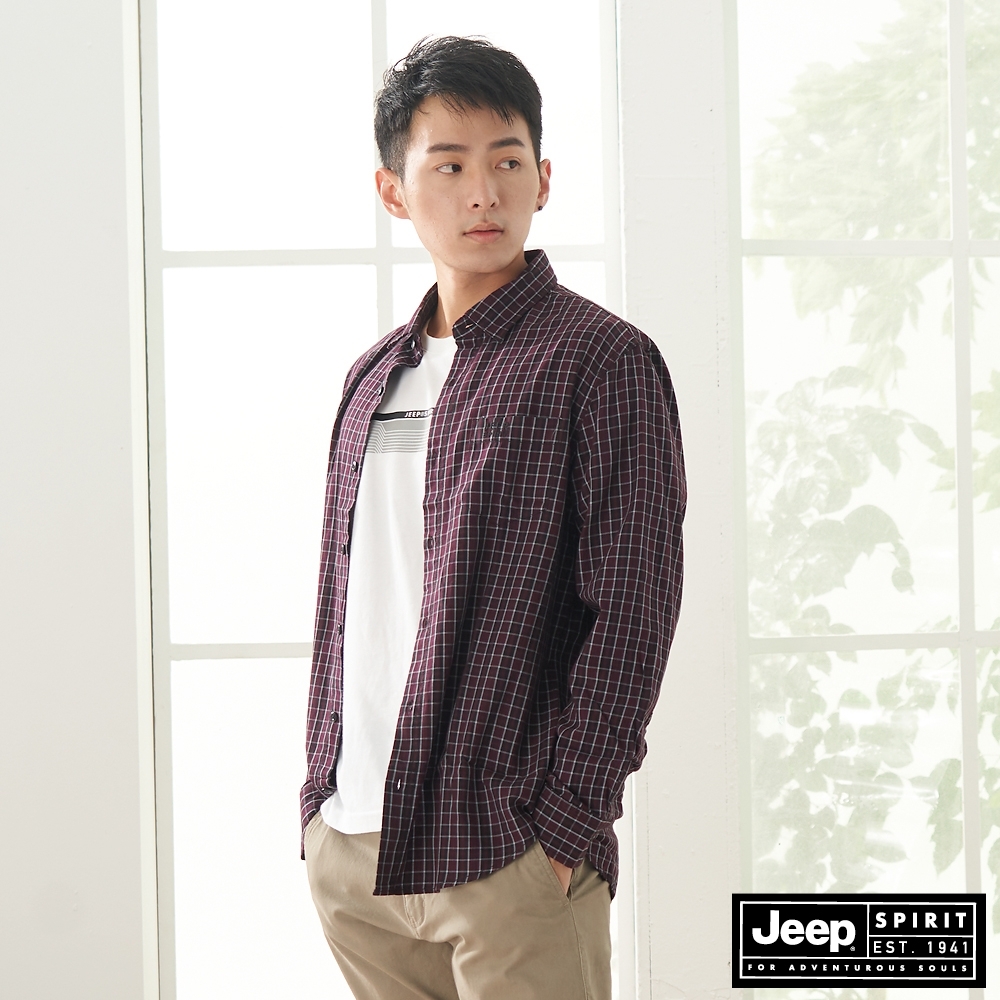 Jeep 男裝 經典小格紋長袖襯衫-紅色