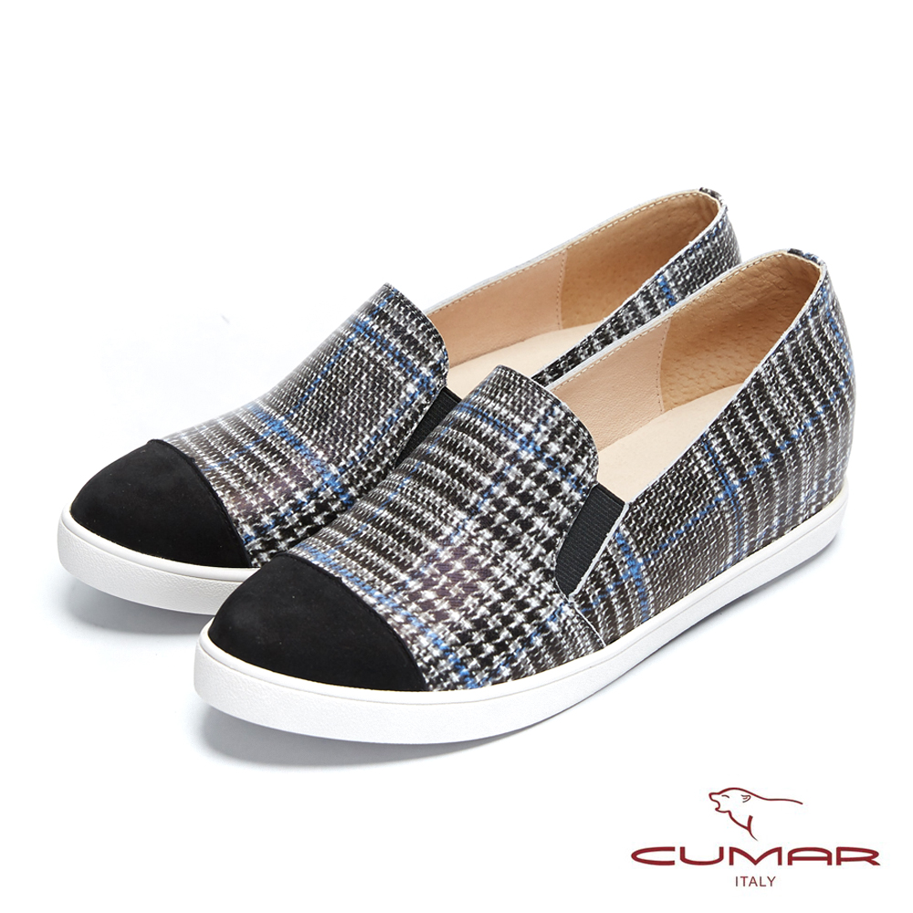 【CUMAR】率性柔美-異材質拼接復古格紋內增高休閒鞋