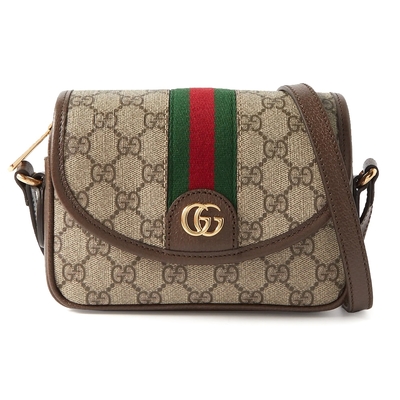 【GUCCI 古馳】772239 經典ophidia系列GG supreme牛皮拉鍊迷你翻蓋肩背/斜背包(棕色)