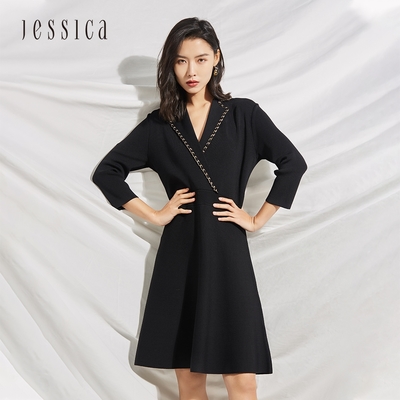 JESSICA - 優雅修身舒適螺紋七分袖針織洋裝222175