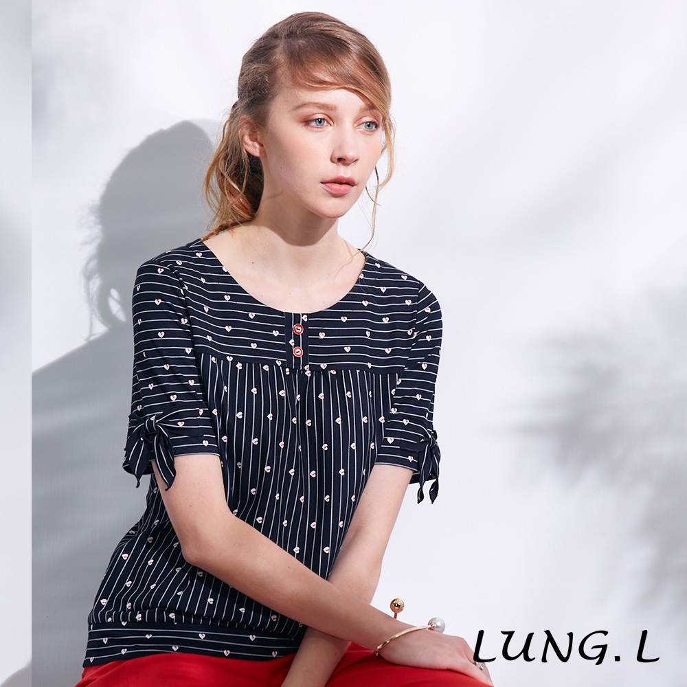 【LUNG.L林佳樺】藍色條紋愛心蝴蝶結短袖女裝上衣