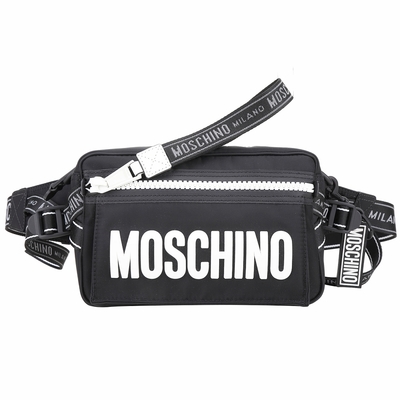 MOSCHINO 矽膠字母拼織帶尼龍胸肩背/腰包(黑x白)