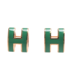 HERMES 經典Pop H立體鏤空橢圓LOGO耳環(小_綠/金色)