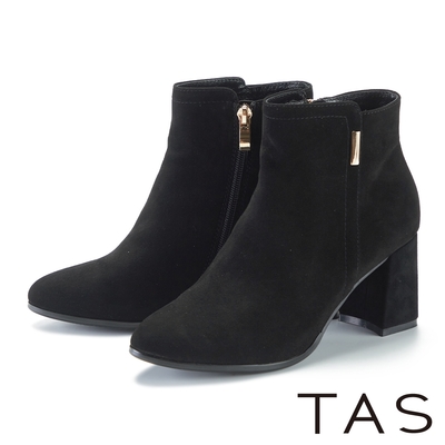 TAS 羊麂皮百搭顯瘦粗高跟短靴 黑色