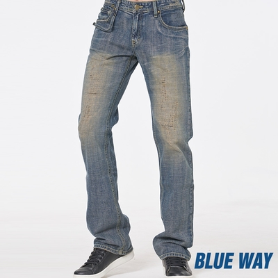 BLUE WAY – 腰帶刷破丹寧中直筒褲