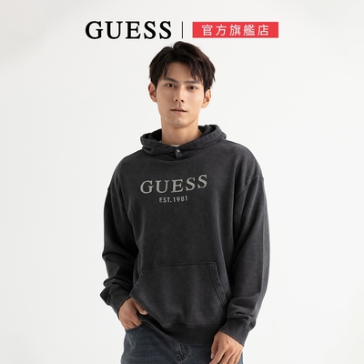 【GUESS】素色休閒LOGO帽T-深灰