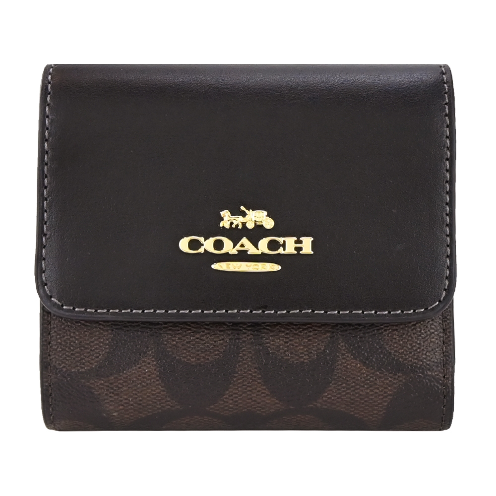 COACH 立體馬車大logo拼接PVC三折短夾(黑X咖啡)