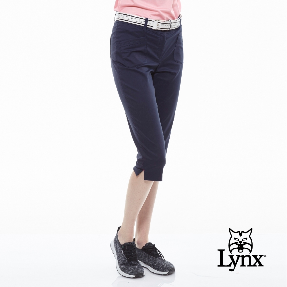 【Lynx Golf】女款瑞士3XDRY吸濕速乾防潑水斜袋設計休閒七分褲-深藍色