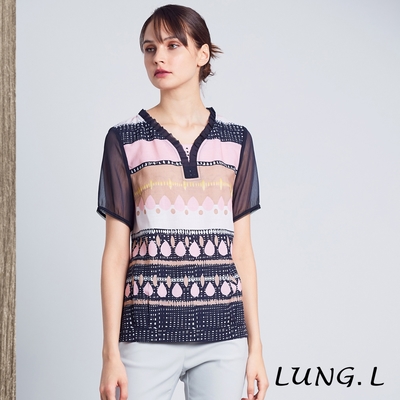 LUNG.L林佳樺 粉色印花拼接雪紡短袖上衣 LM37A