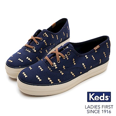 Keds TRIPLE 森林圖騰綁帶厚底休閒鞋-藍色