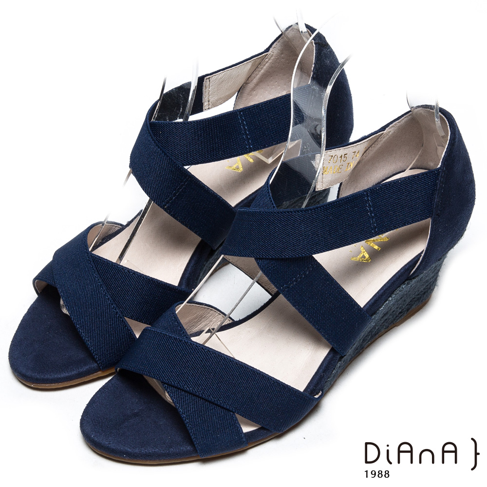 DIANA 夏日典雅-斜紋織帶羊几皮雙交叉楔型涼鞋-藍