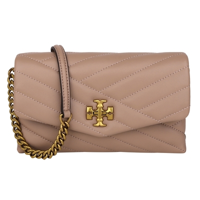 TORY BURCH Kira 絎縫皮革金鍊帶斜背包(奶茶色) mini