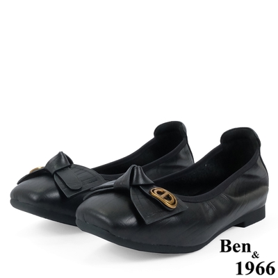 Ben&1966高級頭層牛皮氣質蝴蝶結方頭包鞋-黑(238181)