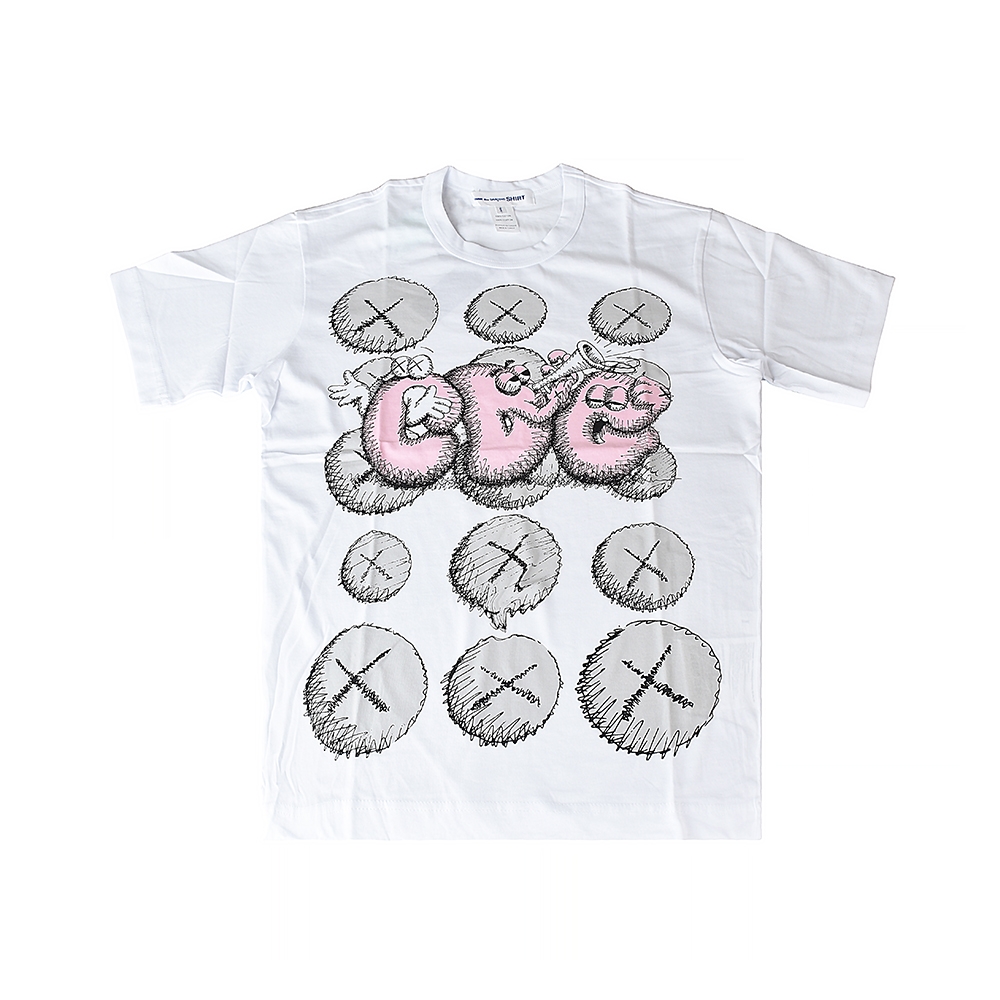 COMME DES GARCONS X KAWS 聯名款印花LOGO純棉短T(粉字/白)