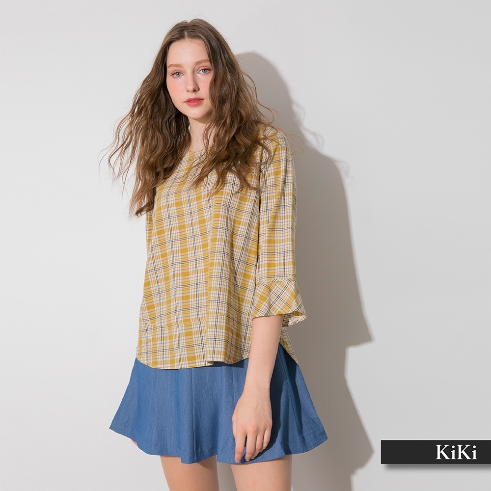 【KiKi】格紋傘襬棉麻衫-女七分袖襯衫(芥黃/魅力商品/版型適中)