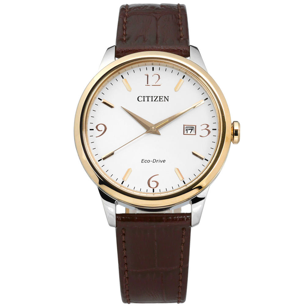 CITIZEN 光動能藍寶石水晶玻璃日本製造牛皮手錶-白x香檳金框x深褐/40mm