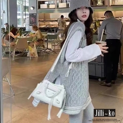 JILLI-KO 學院原宿風V領麻花疊穿寬鬆針織馬甲背心- 淺灰