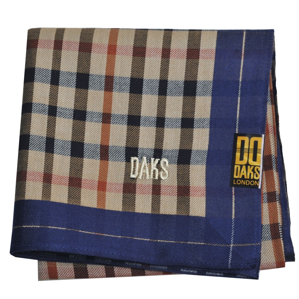 DAKS 日本製經典格紋刺繡字母LOGO手帕領巾(卡其格/深藍邊)