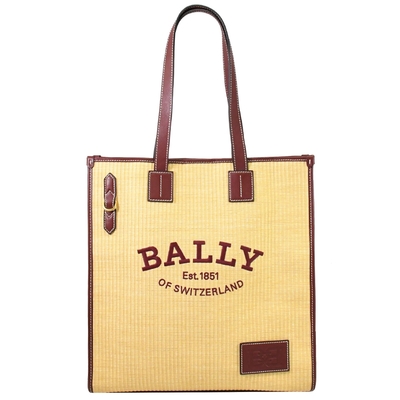 BALLY CRYSTALIA 電繡LOGO造型直式草編肩背購物包/托特包/琴譜包(淺褐/酒紅邊)